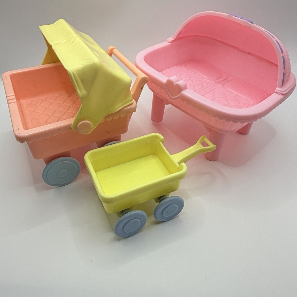 Vintage Playskool Dollhouse Baby Double Twin Stroller Bed Basinet Wagon Lot Set